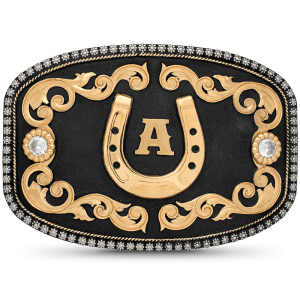 A custom initials belt buckle for men featuring golden bronze scrolls, a horsehoe figure on a black matted german silver base 